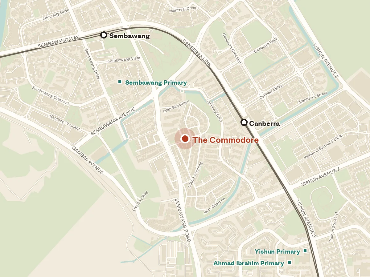 Map of the area around The Commodore, with nearby MRT stations and primary schools