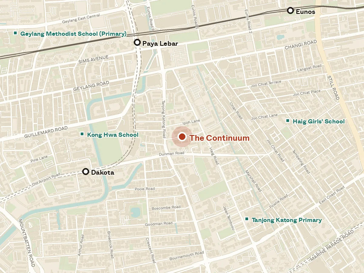Map of the area around The Continuum, with nearby MRT stations and primary schools