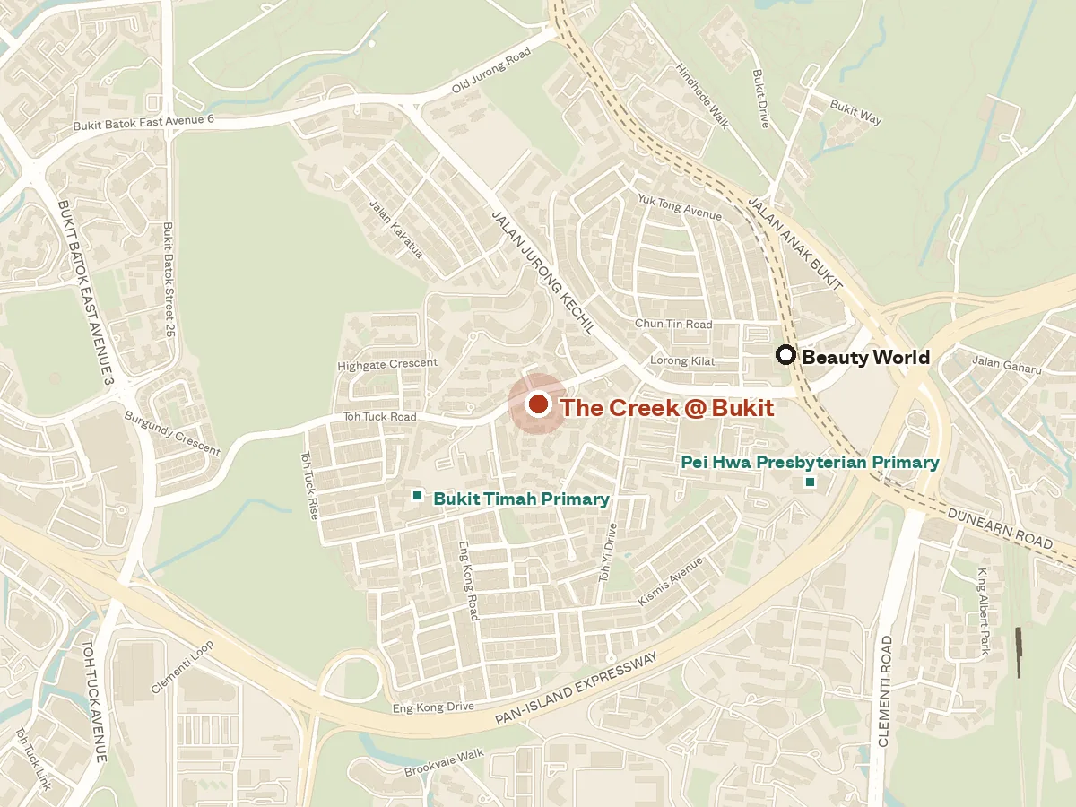 Map of the area around The Creek @ Bukit, with nearby MRT stations and primary schools