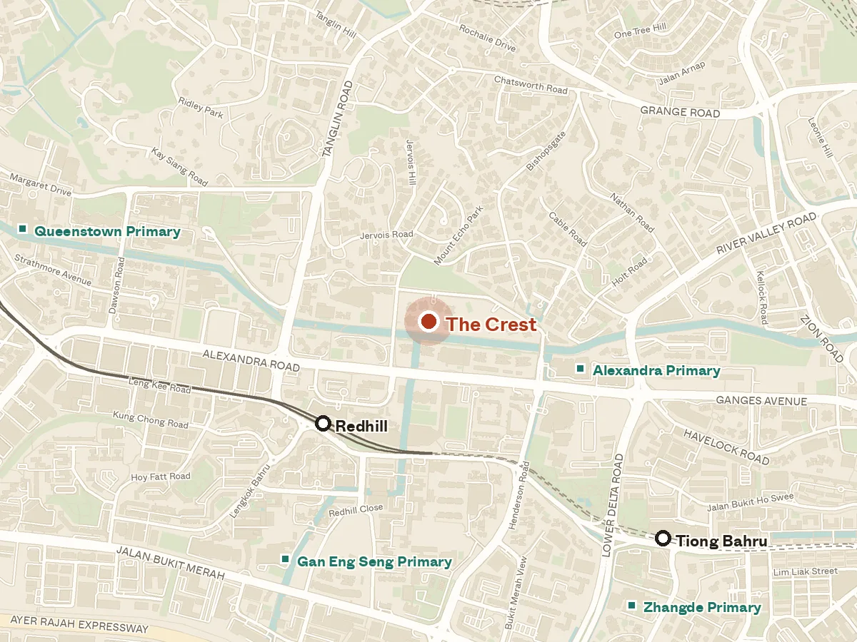 Map of the area around The Crest, with nearby MRT stations and primary schools