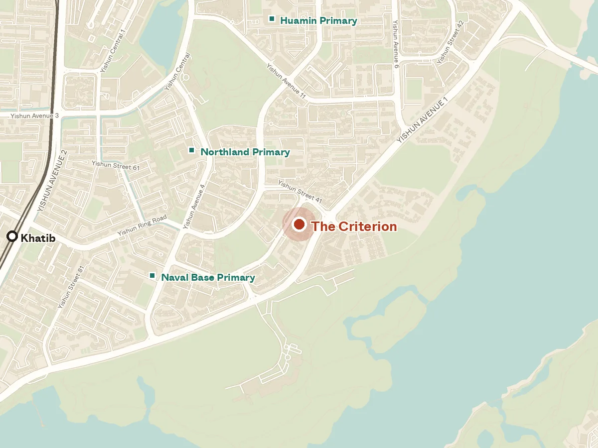 Map of the area around The Criterion, with nearby MRT stations and primary schools