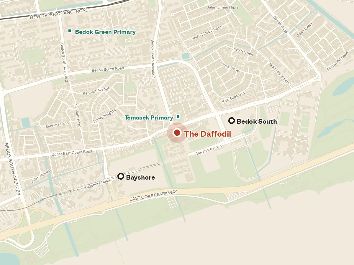 Map of the area around The Daffodil, with nearby MRT stations and primary schools
