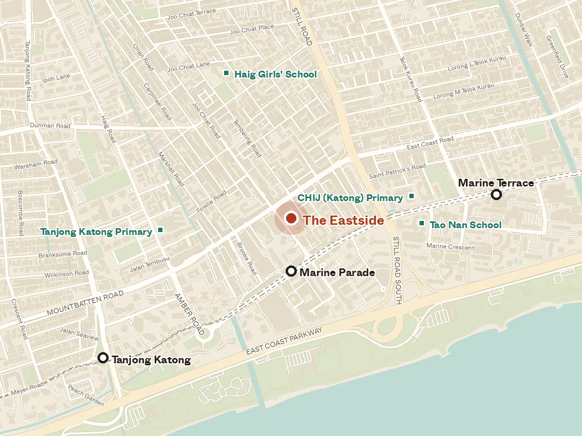 Map of the area around The Eastside, with nearby MRT stations and primary schools