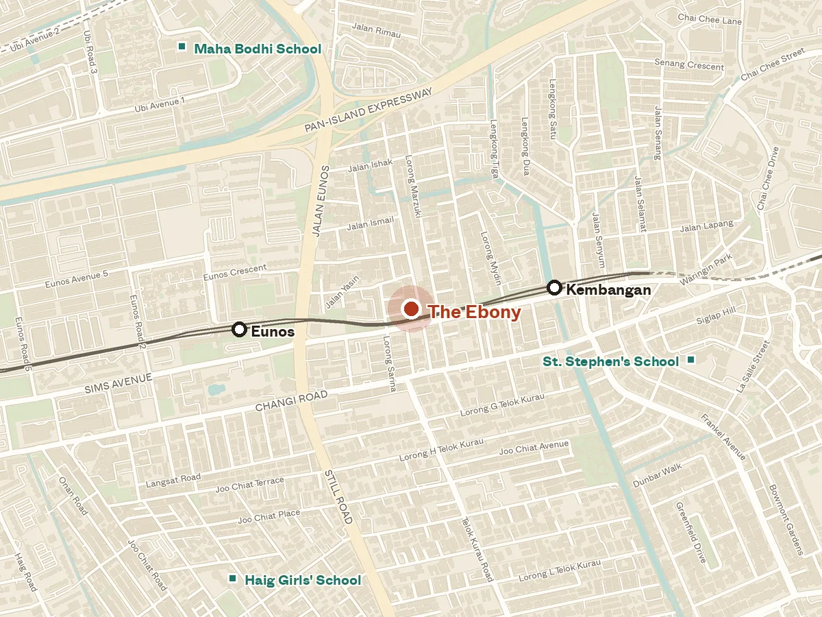 Map of the area around The Ebony, with nearby MRT stations and primary schools