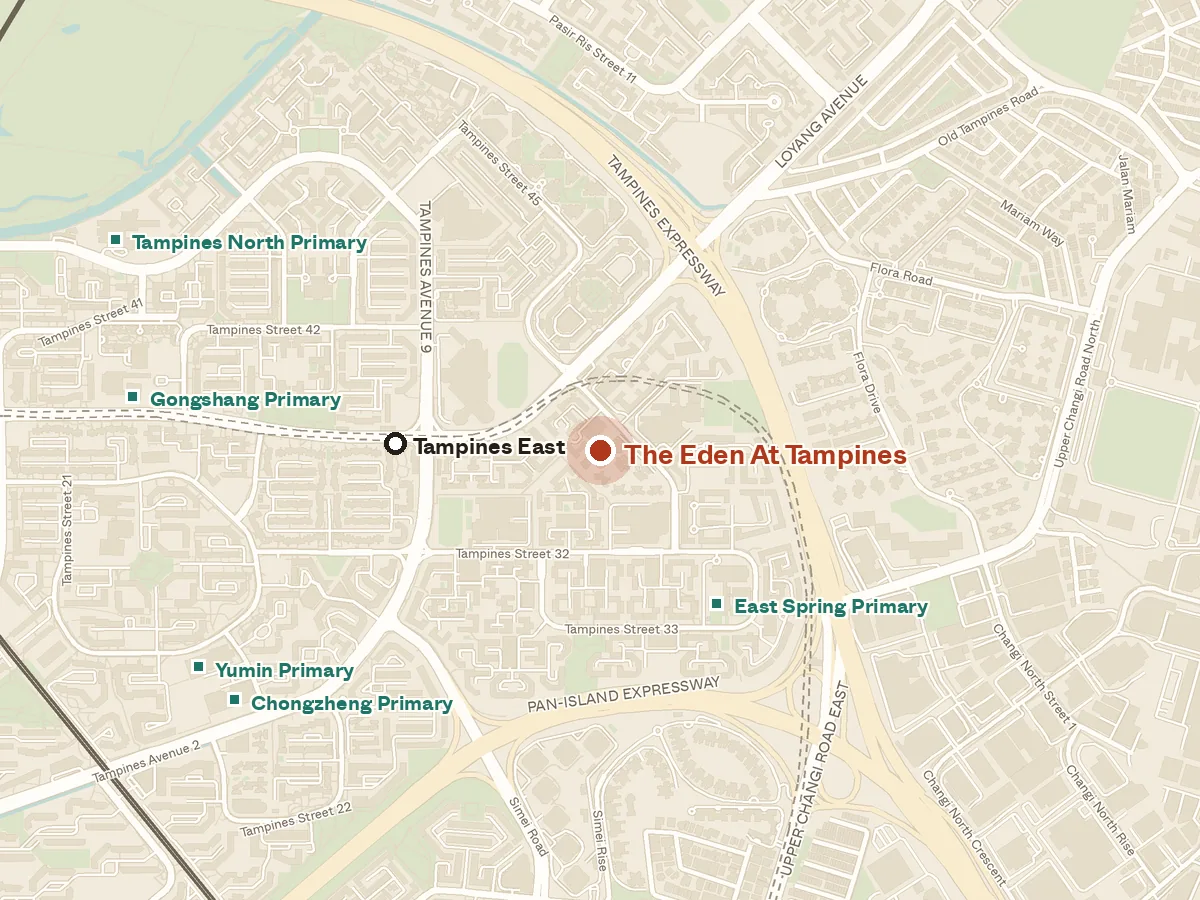 Map of the area around The Eden At Tampines, with nearby MRT stations and primary schools