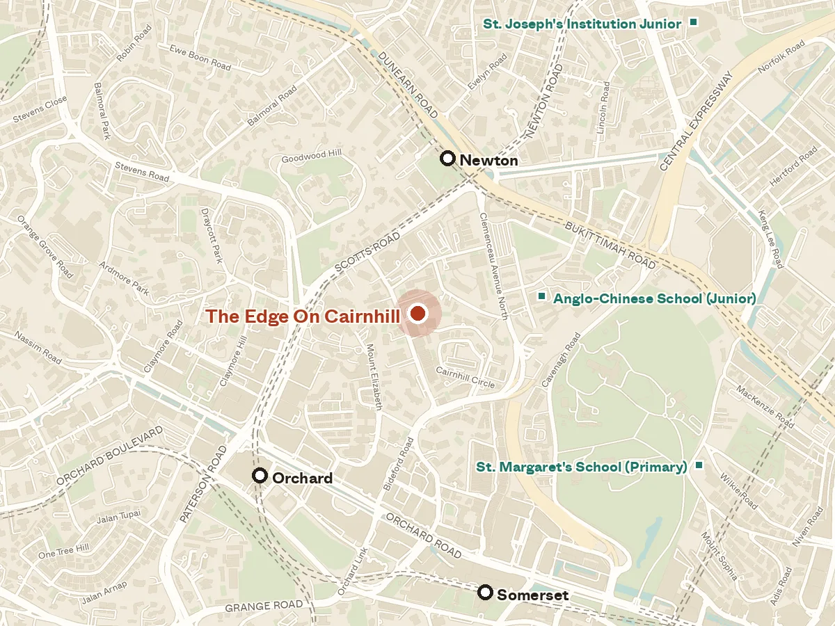 Map of the area around The Edge on Cairnhill, with nearby MRT stations and primary schools