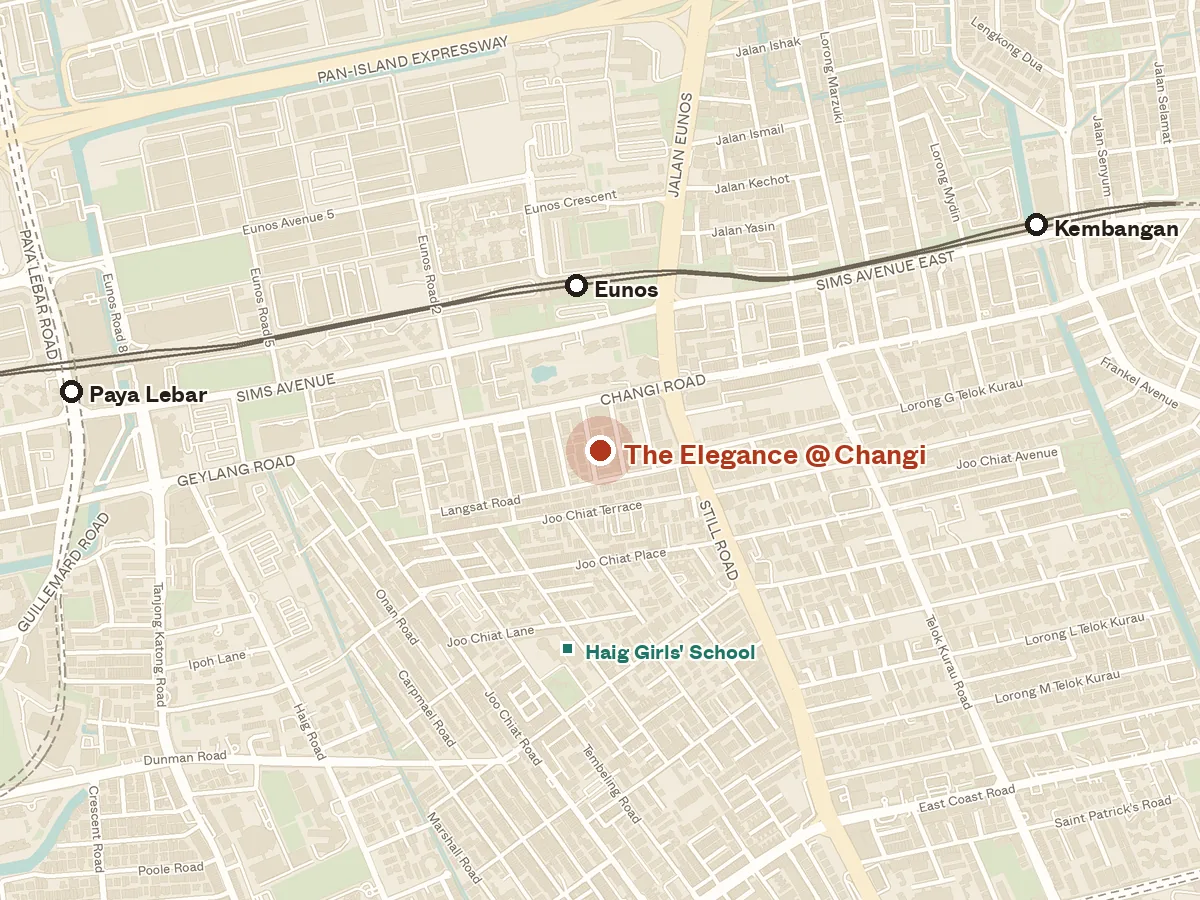 Map of the area around The Elegance @ Changi, with nearby MRT stations and primary schools