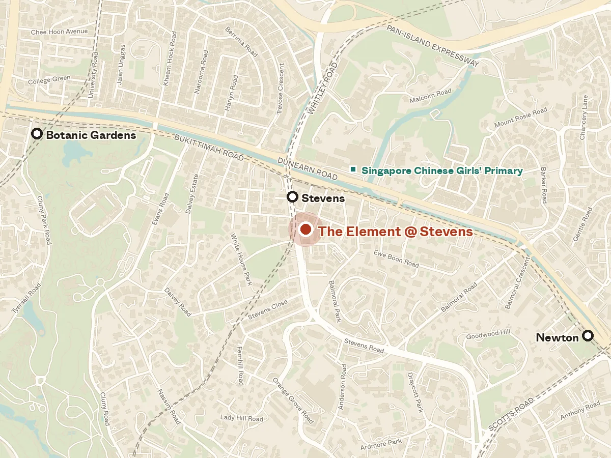 Map of the area around The Element @ Stevens, with nearby MRT stations and primary schools