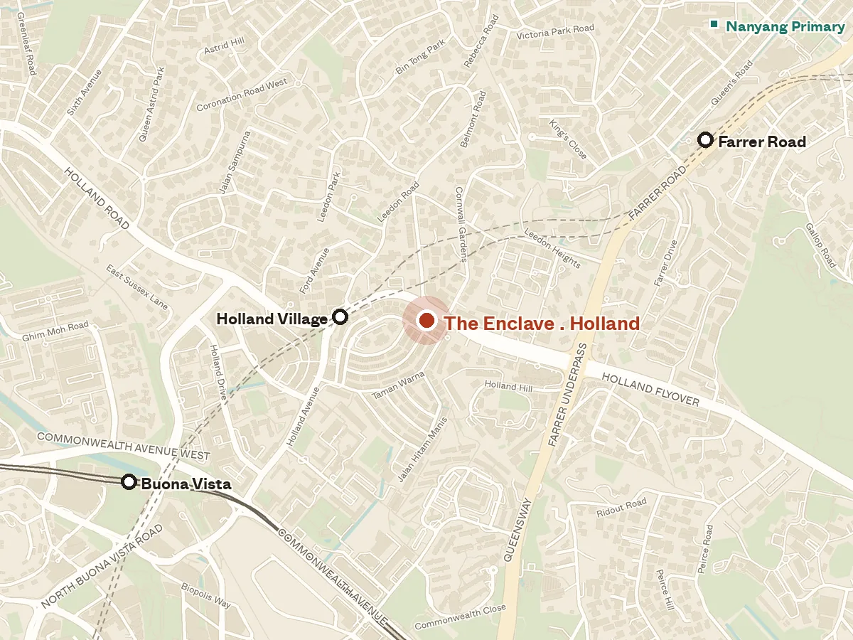 Map of the area around The Enclave . Holland, with nearby MRT stations and primary schools
