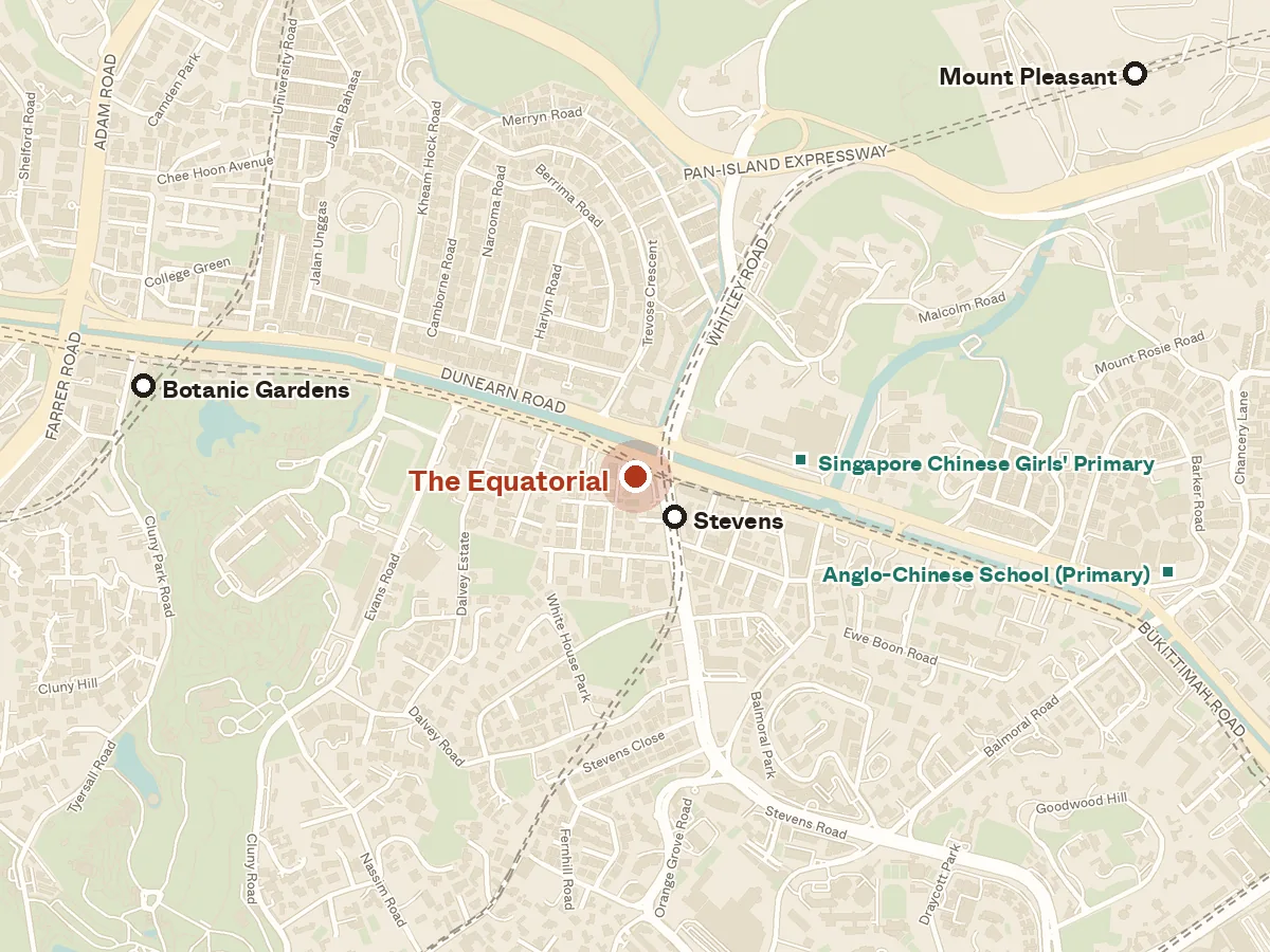 Map of the area around The Equatorial, with nearby MRT stations and primary schools