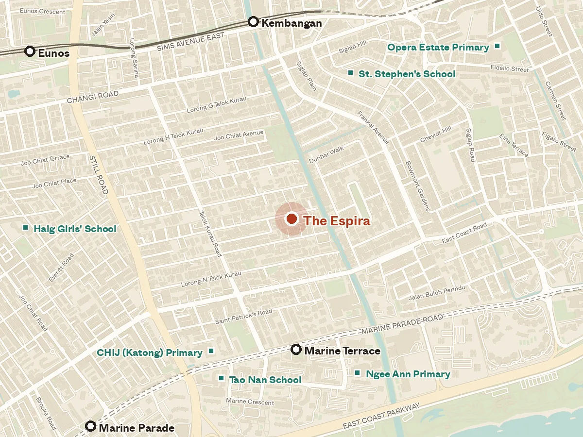 Map of the area around The Espira, with nearby MRT stations and primary schools