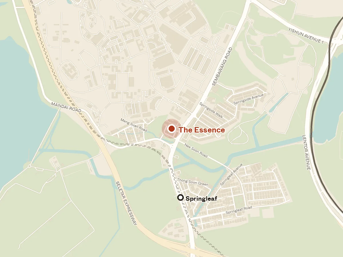 Map of the area around The Essence, with nearby MRT stations and primary schools