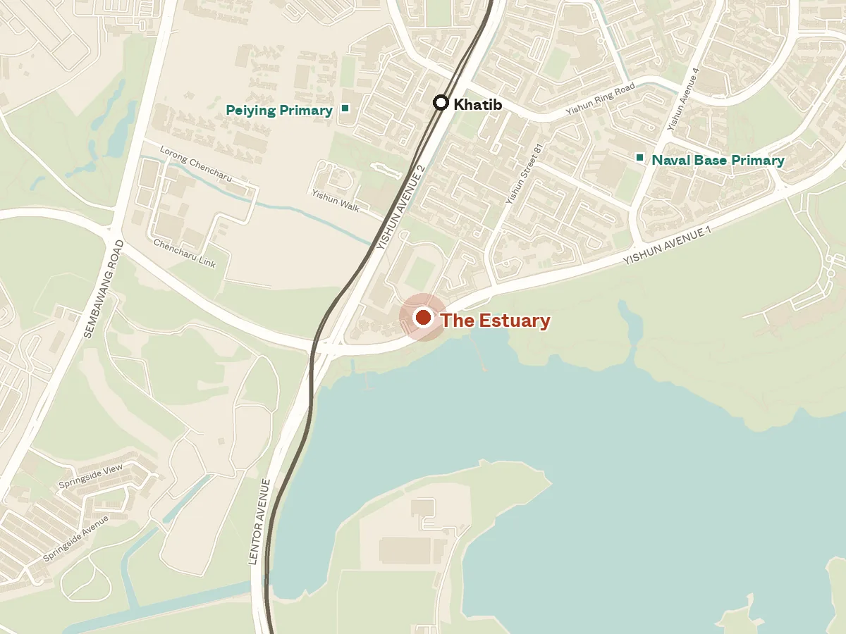 Map of the area around The Estuary, with nearby MRT stations and primary schools