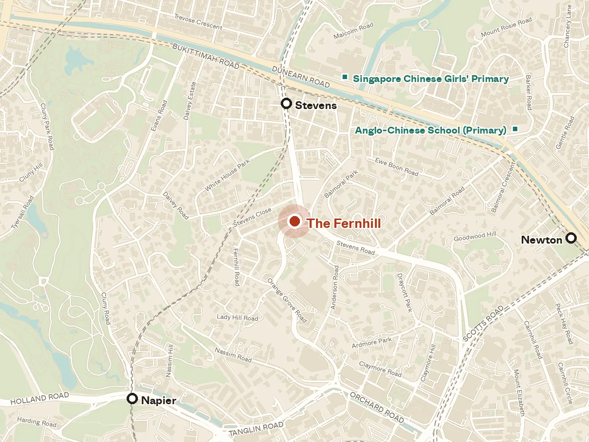 Map of the area around The Fernhill, with nearby MRT stations and primary schools