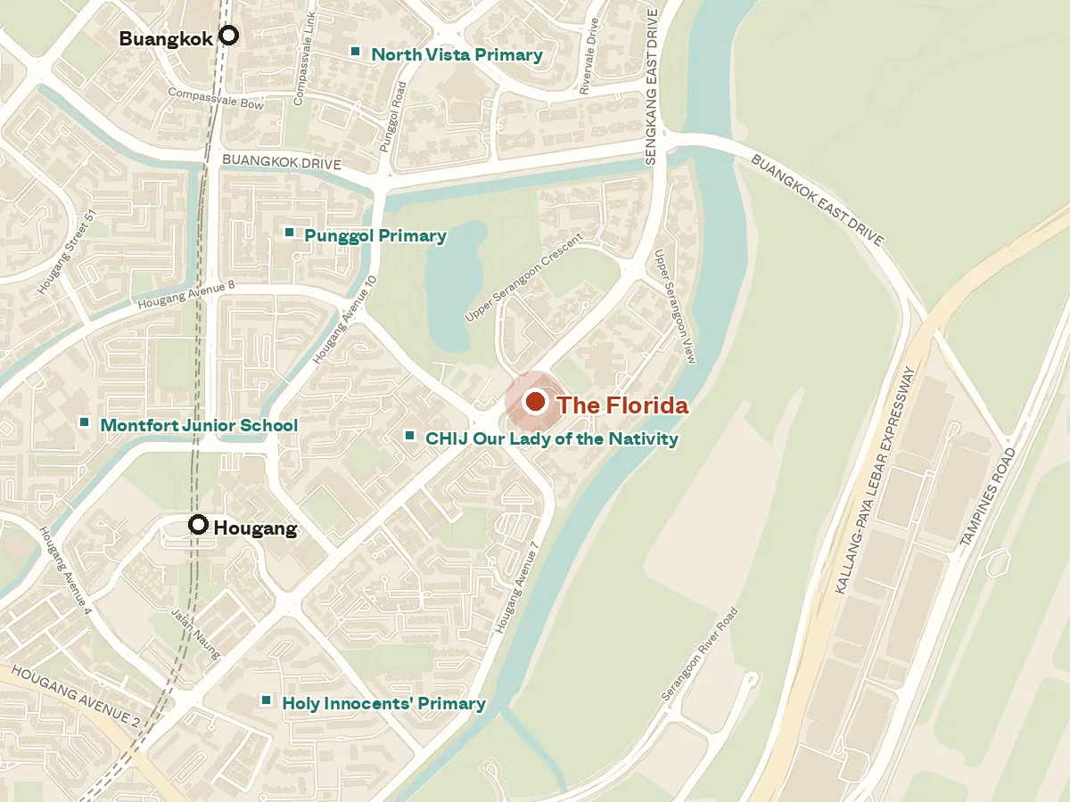 Map of the area around The Florida, with nearby MRT stations and primary schools