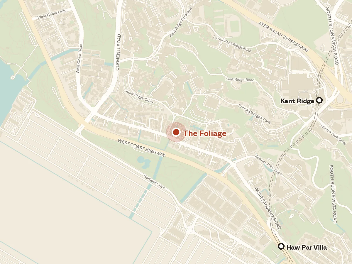 Map of the area around The Foliage, with nearby MRT stations and primary schools