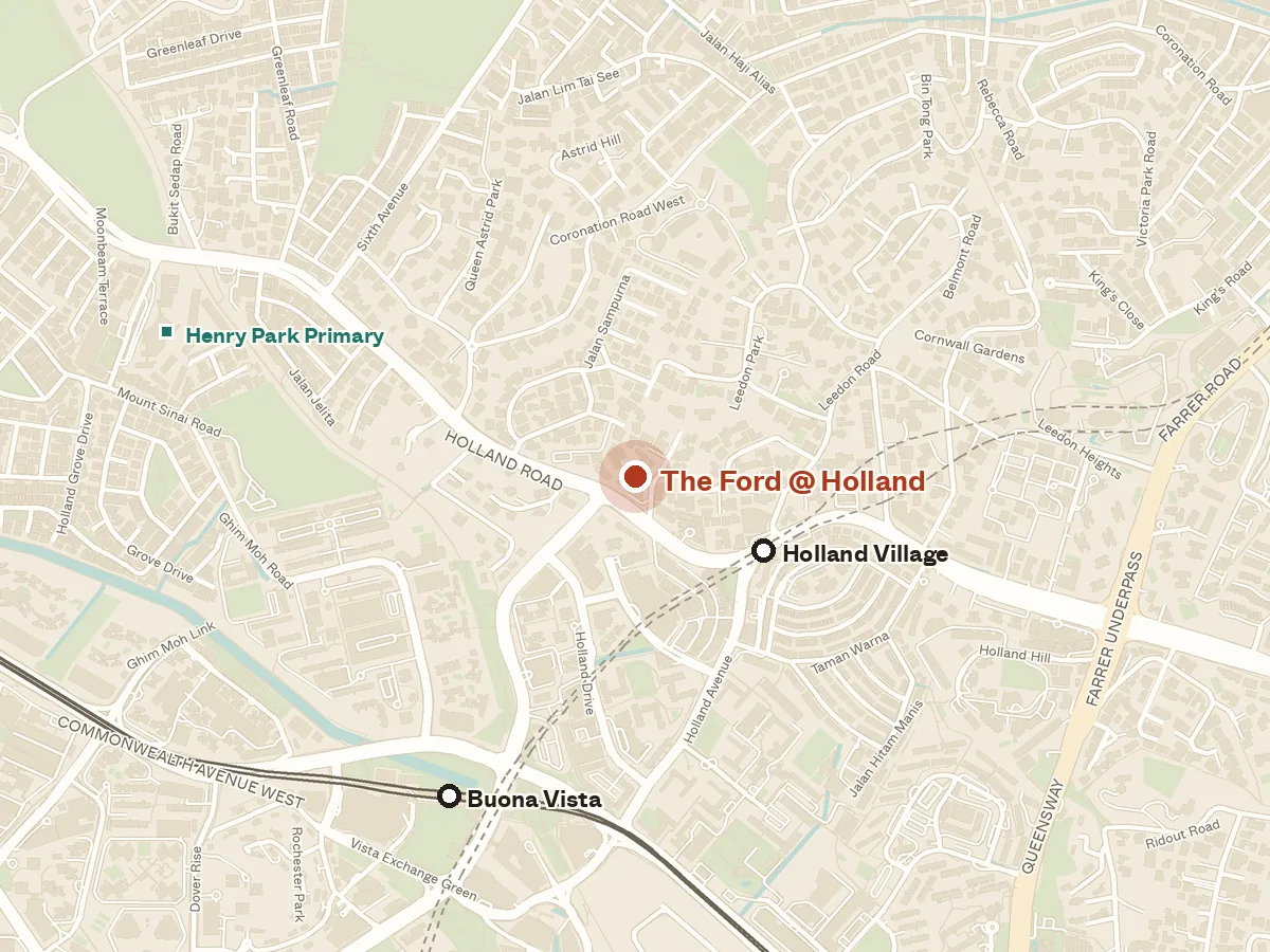 Map of the area around The Ford @ Holland, with nearby MRT stations and primary schools