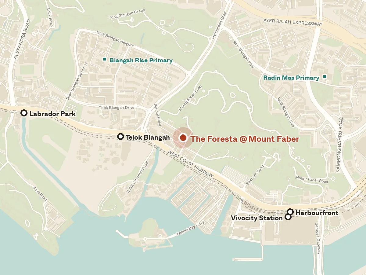 Map of the area around The Foresta @ Mount Faber, with nearby MRT stations and primary schools