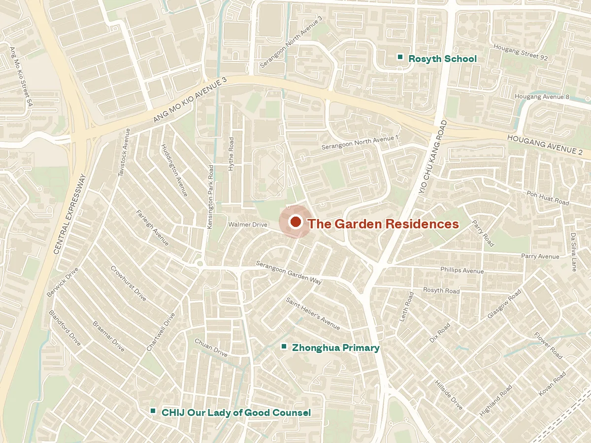 Map of the area around The Garden Residences, with nearby MRT stations and primary schools