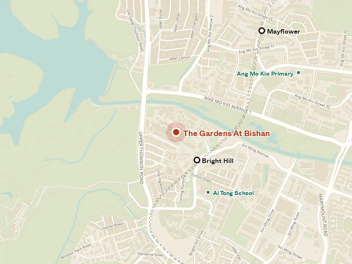 Map of the area around The Gardens At Bishan, with nearby MRT stations and primary schools
