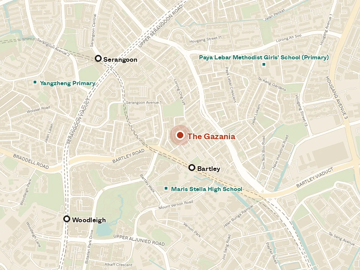 Map of the area around The Gazania, with nearby MRT stations and primary schools