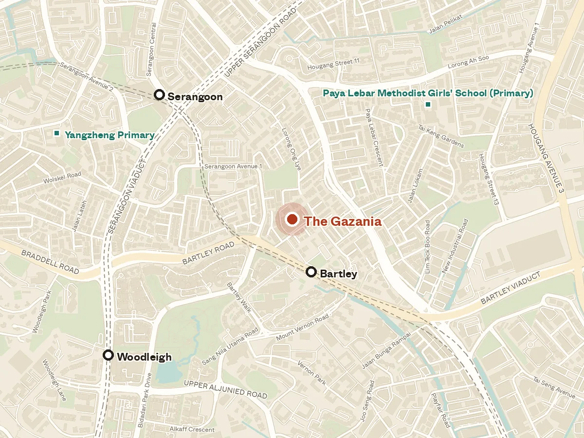 Map of the area around The Gazania, with nearby MRT stations and primary schools