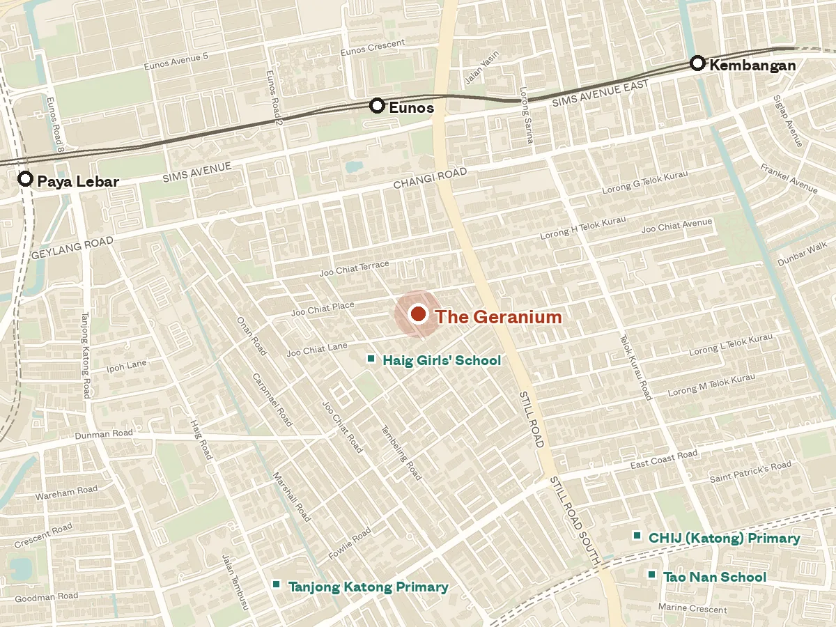 Map of the area around The Geranium, with nearby MRT stations and primary schools