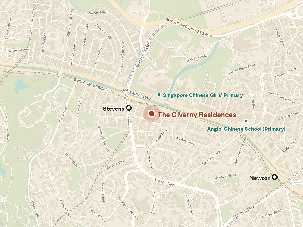 Map of the area around The Giverny Residences, with nearby MRT stations and primary schools