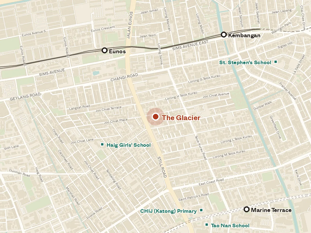 Map of the area around The Glacier, with nearby MRT stations and primary schools
