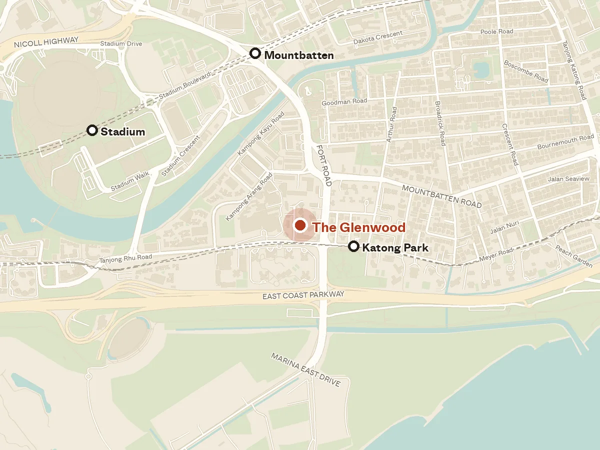 Map of the area around The Glenwood, with nearby MRT stations and primary schools