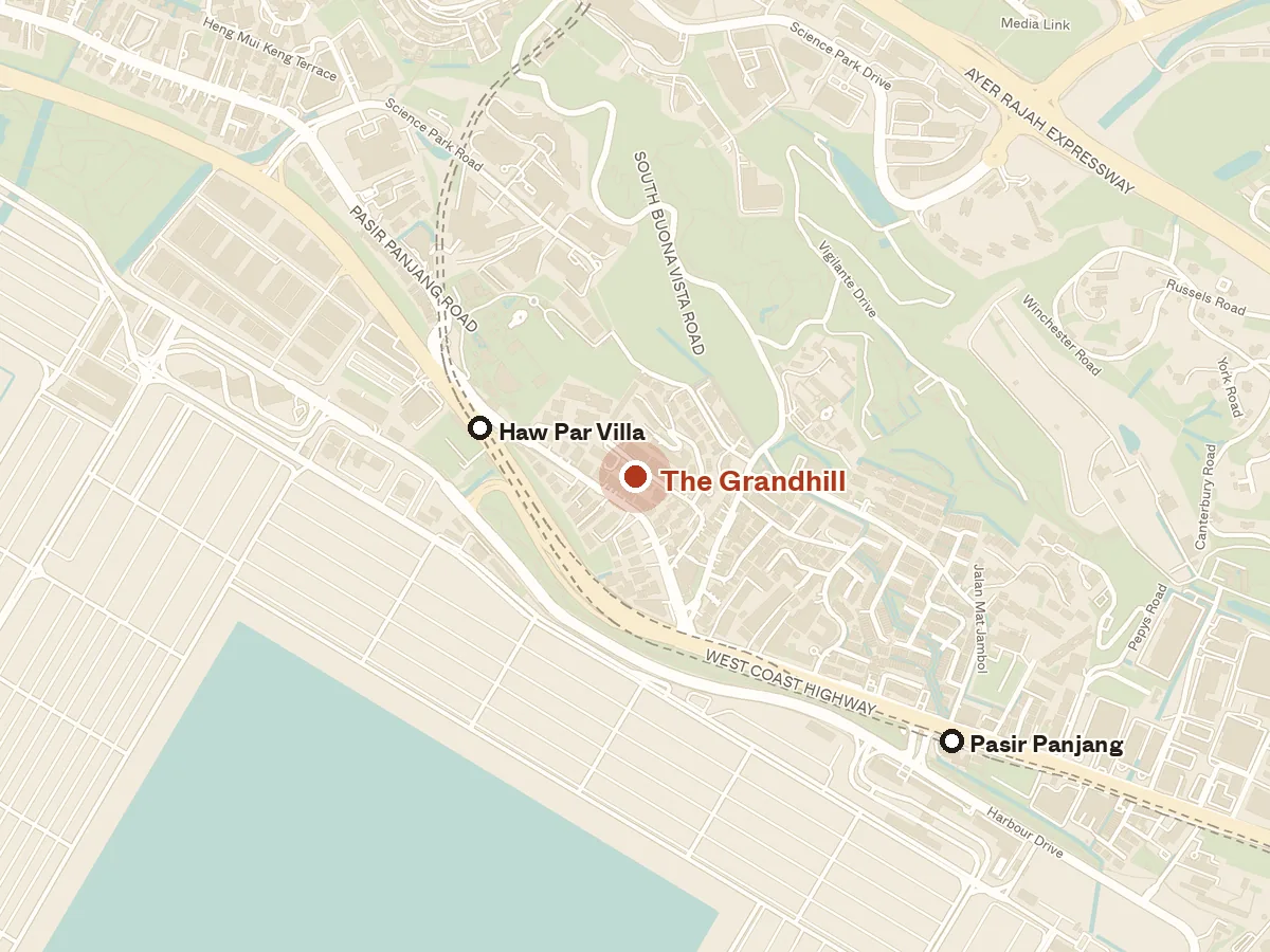 Map of the area around The Grandhill, with nearby MRT stations and primary schools