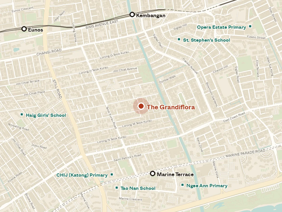 Map of the area around The Grandiflora, with nearby MRT stations and primary schools