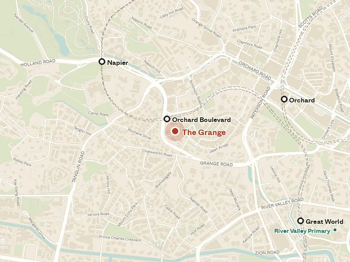 Map of the area around The Grange, with nearby MRT stations and primary schools