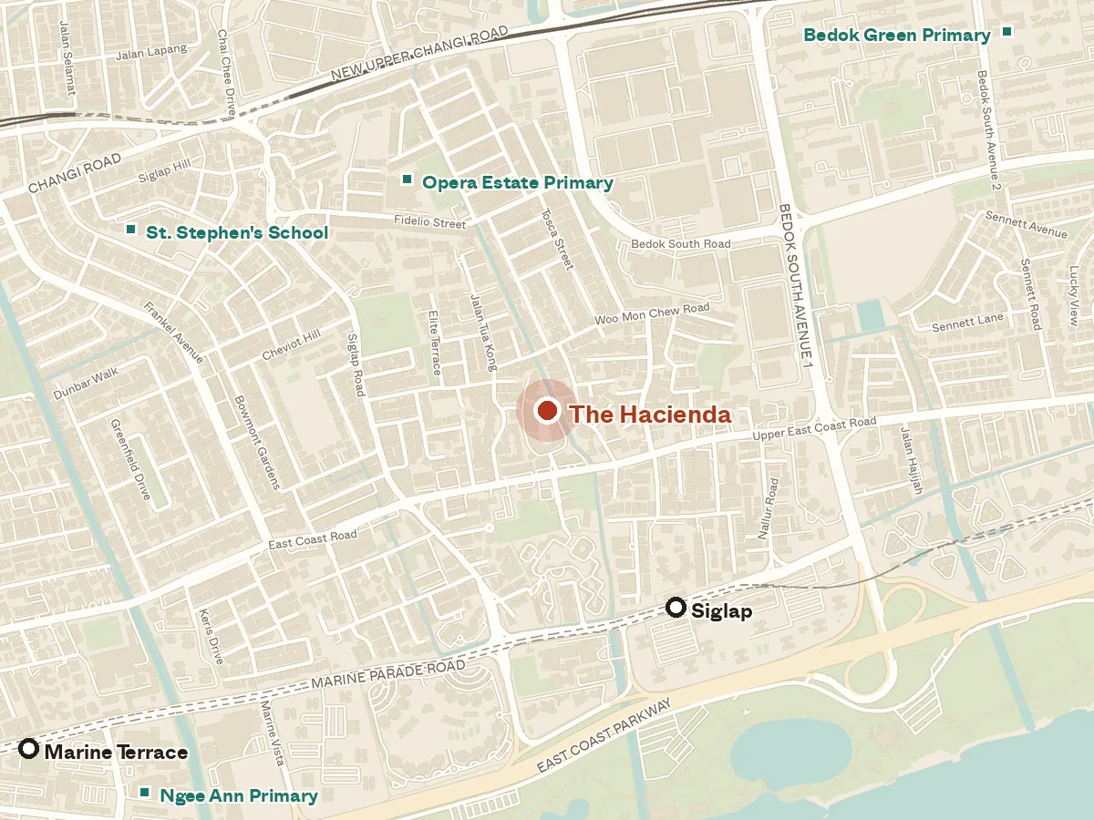Map of the area around The Hacienda, with nearby MRT stations and primary schools