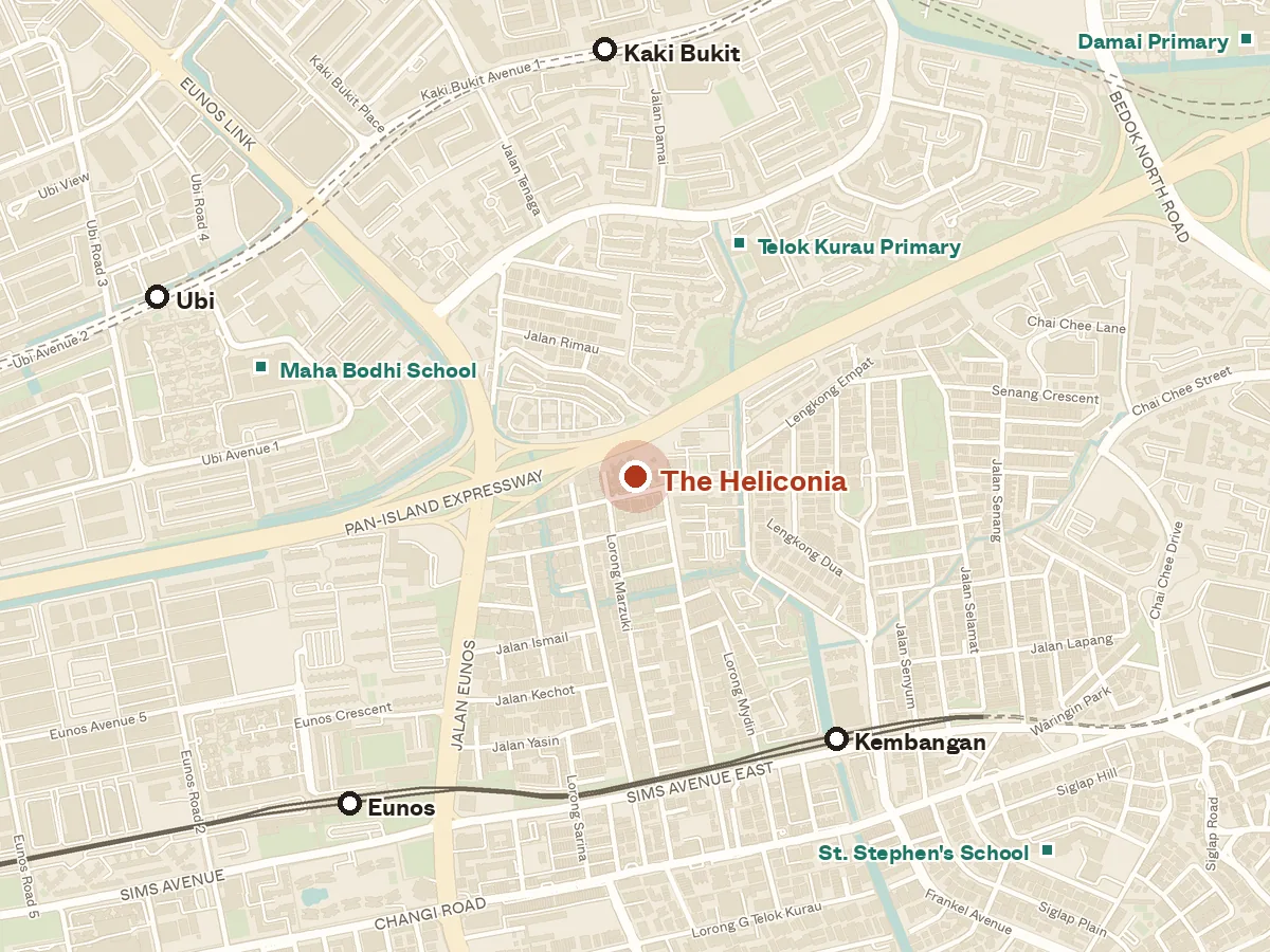 Map of the area around The Heliconia, with nearby MRT stations and primary schools