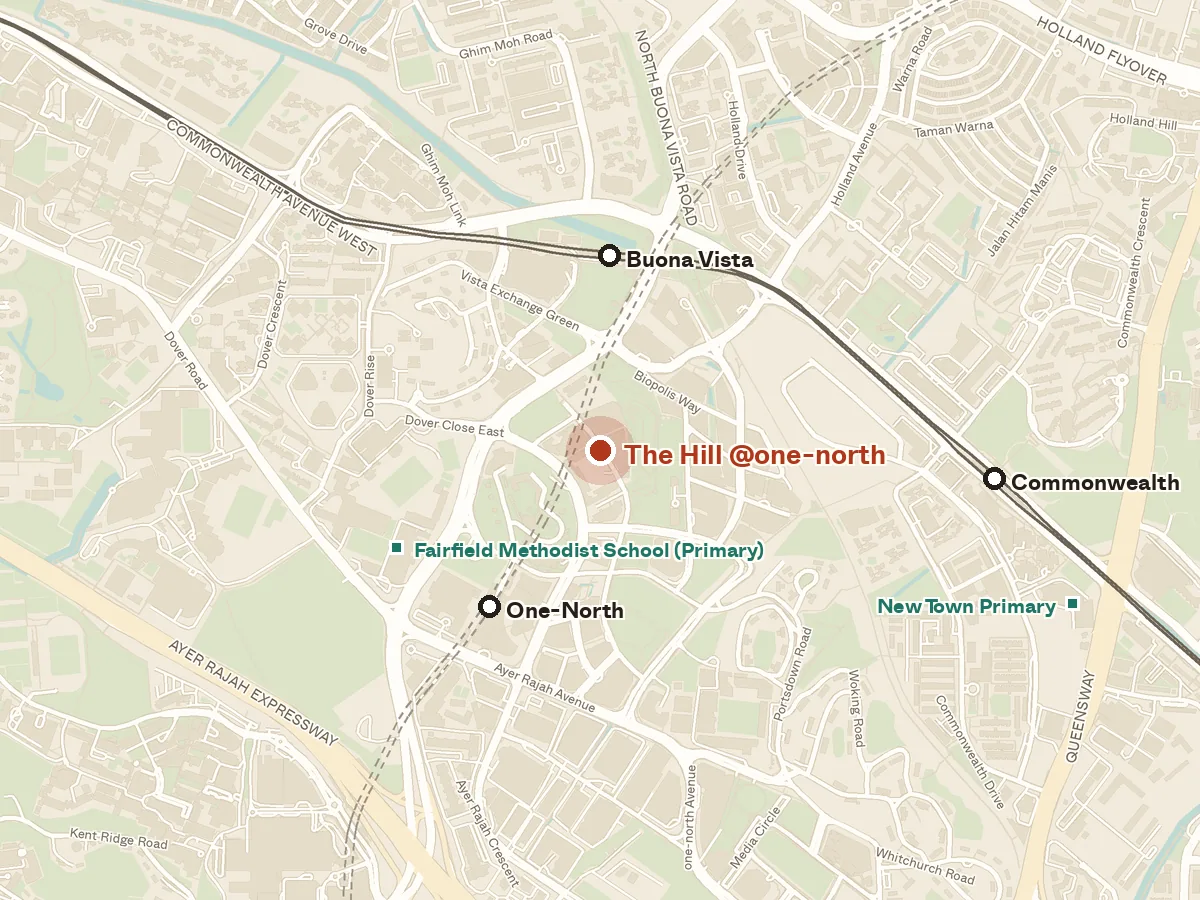 Map of the area around The Hill @one-north, with nearby MRT stations and primary schools
