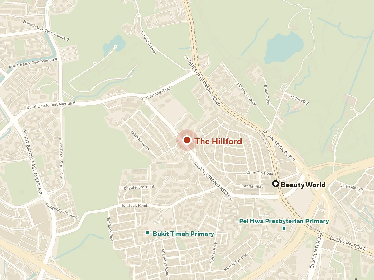 Map of the area around The Hillford, with nearby MRT stations and primary schools
