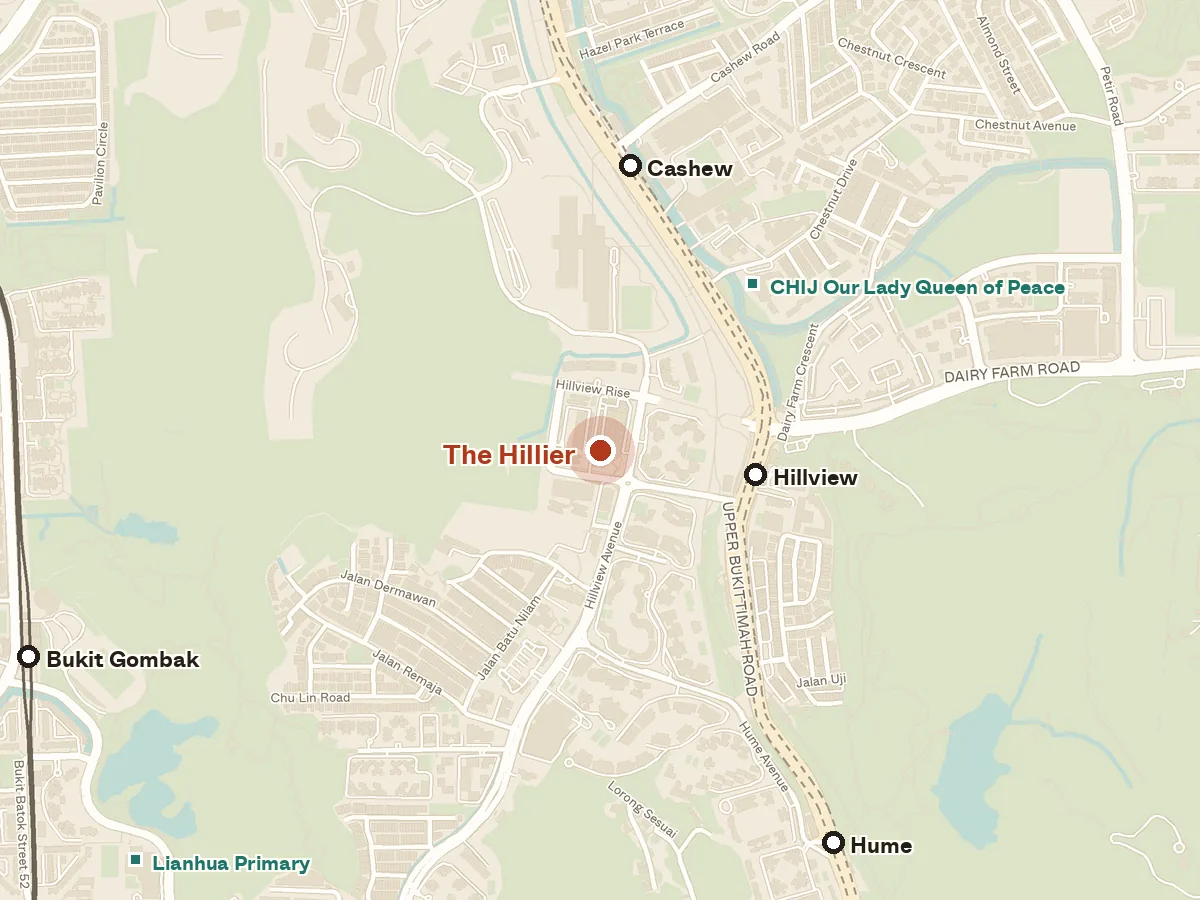 Map of the area around The Hillier, with nearby MRT stations and primary schools