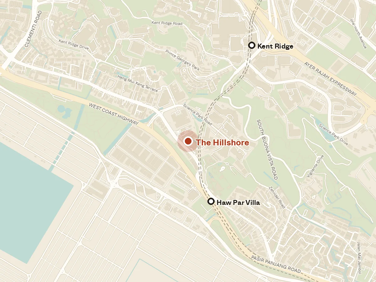 Map of the area around The Hillshore, with nearby MRT stations and primary schools