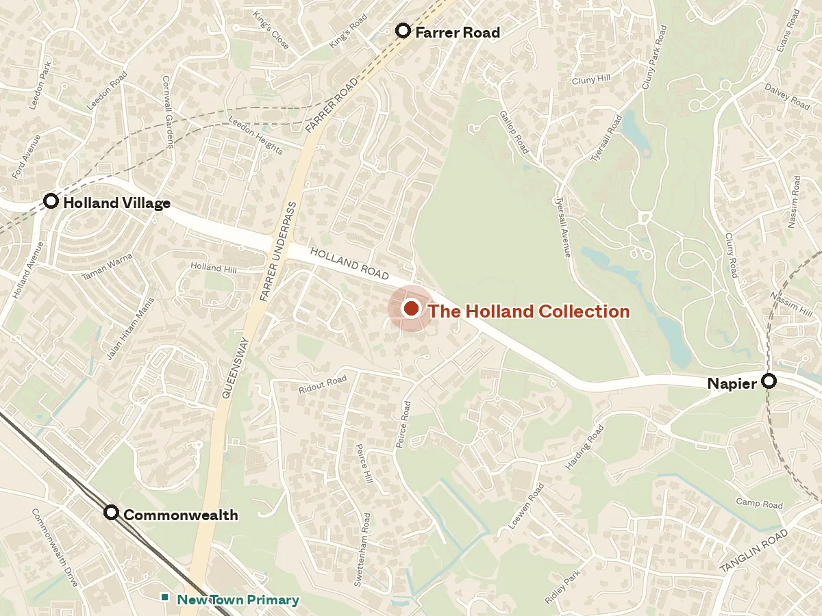 Map of the area around The Holland Collection, with nearby MRT stations and primary schools