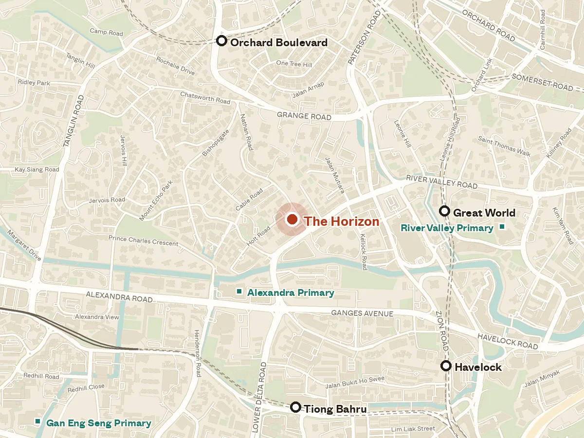 Map of the area around The Horizon, with nearby MRT stations and primary schools