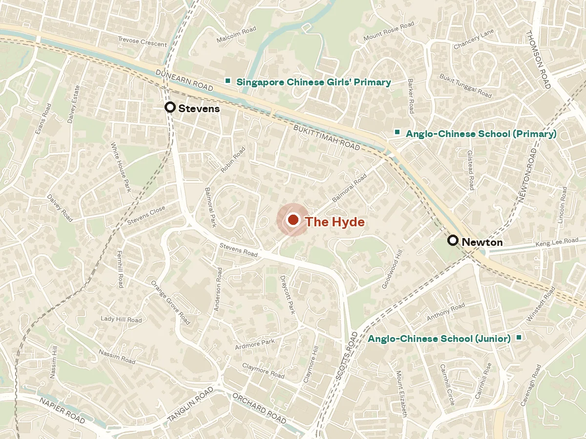 Map of the area around The Hyde, with nearby MRT stations and primary schools