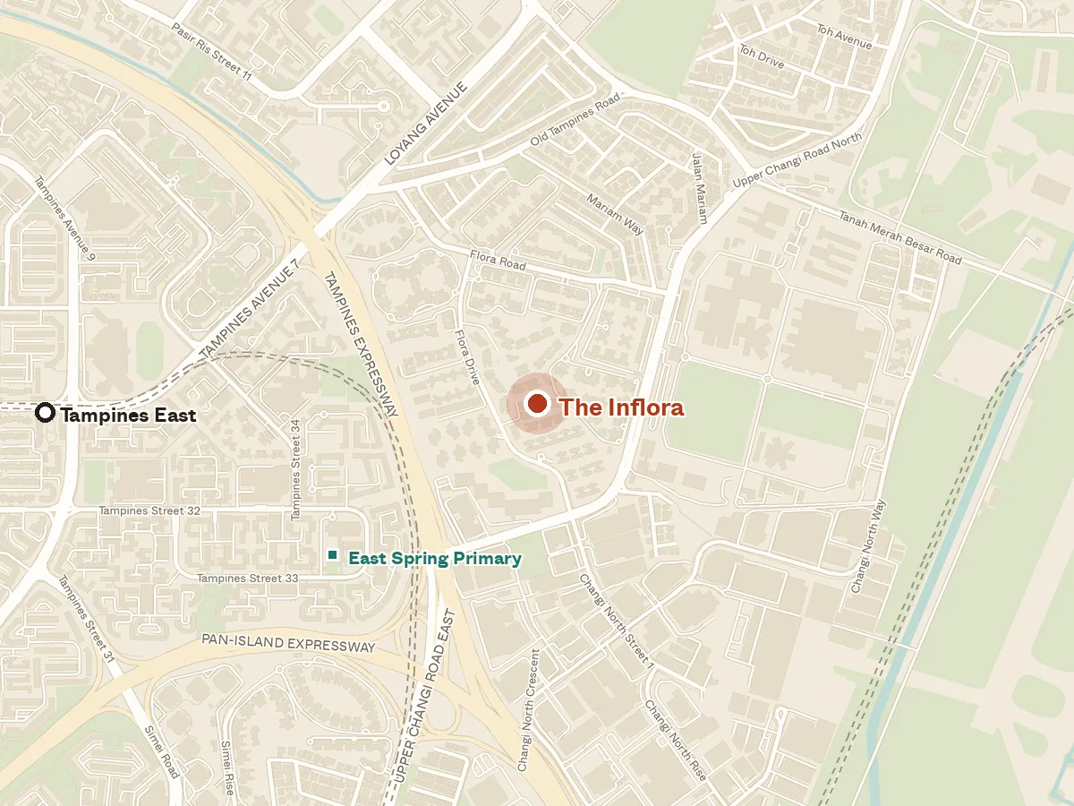 Map of the area around The Inflora, with nearby MRT stations and primary schools