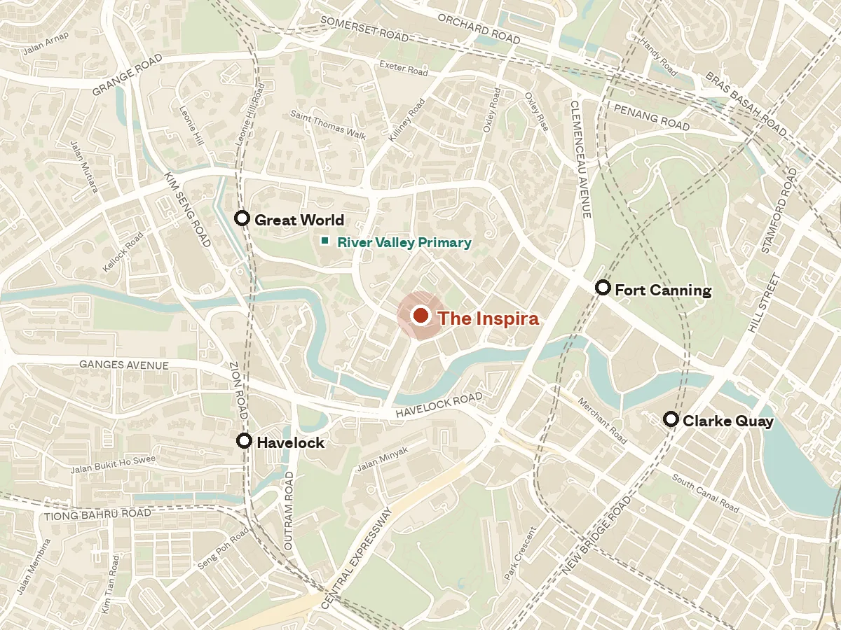 Map of the area around The Inspira, with nearby MRT stations and primary schools