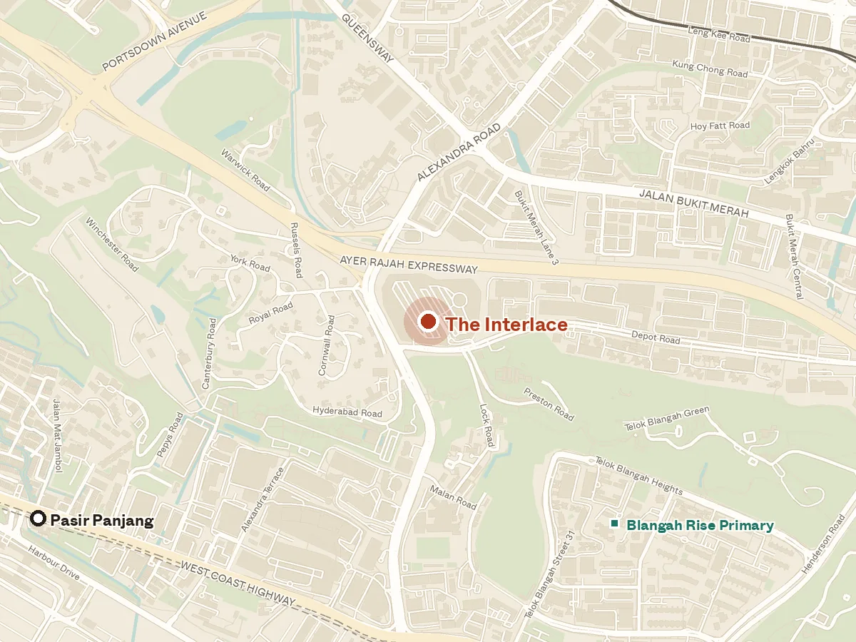 Map of the area around The Interlace, with nearby MRT stations and primary schools