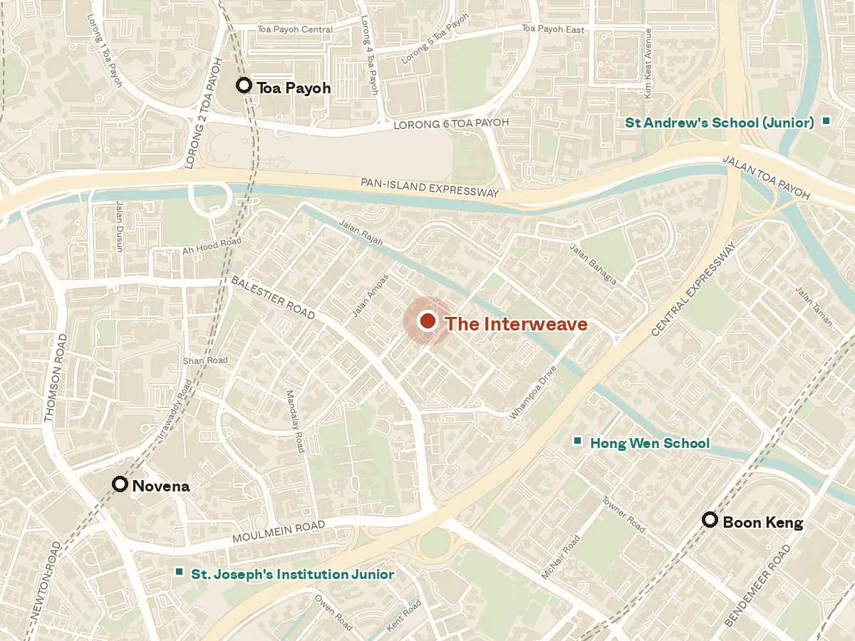 Map of the area around The Interweave, with nearby MRT stations and primary schools