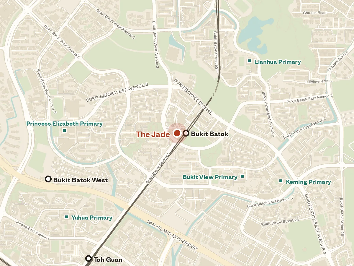 Map of the area around The Jade, with nearby MRT stations and primary schools