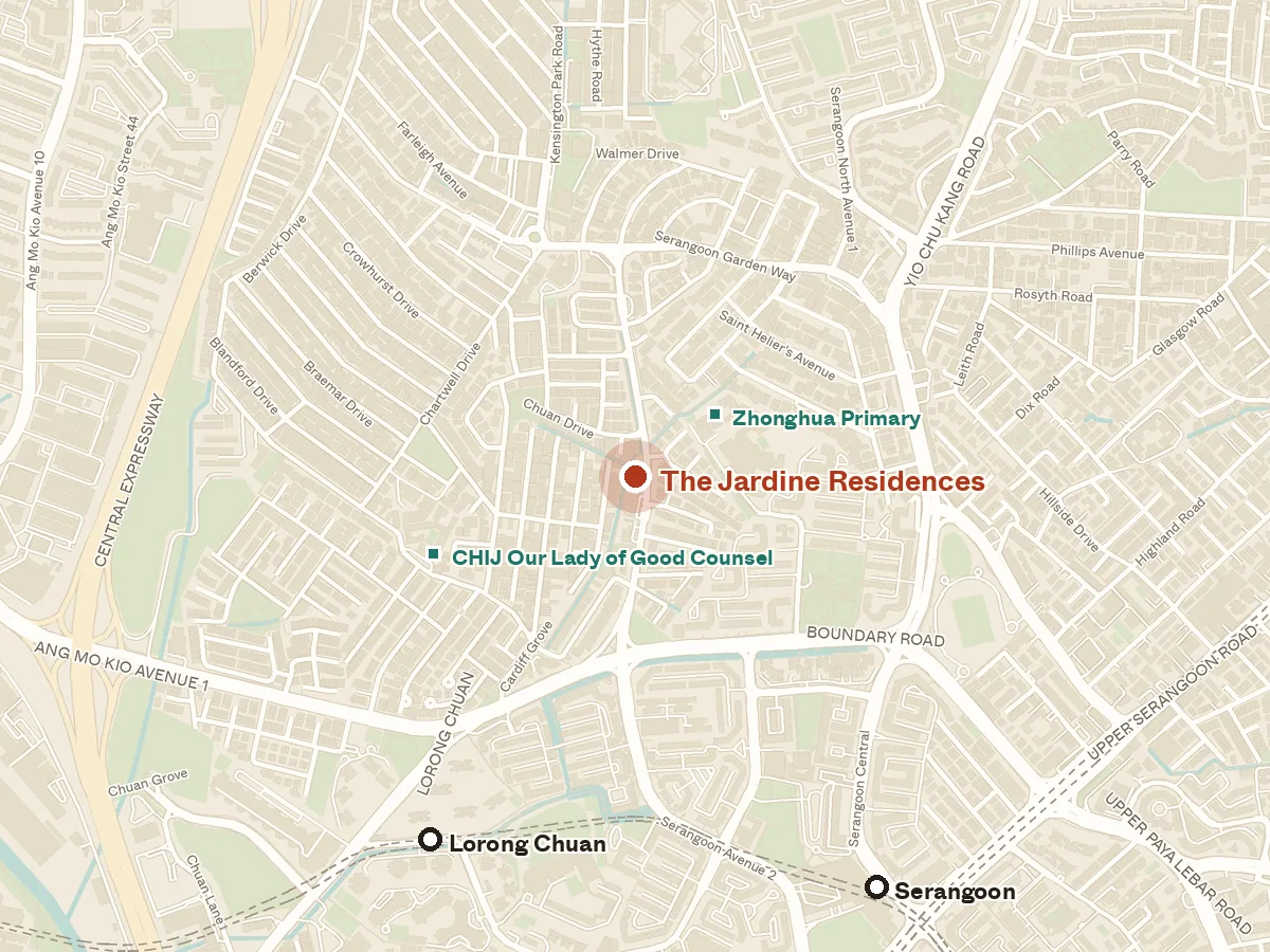 Map of the area around The Jardine Residences, with nearby MRT stations and primary schools