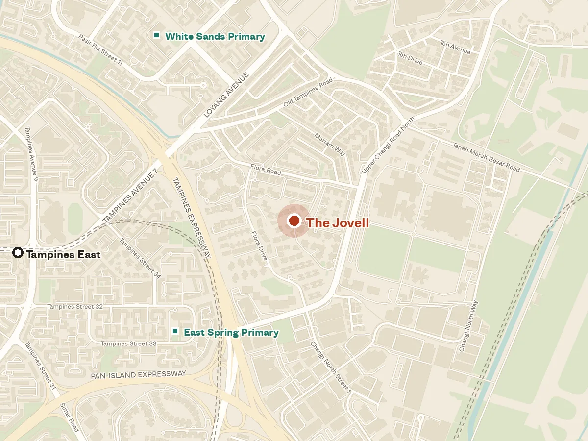 Map of the area around The Jovell, with nearby MRT stations and primary schools