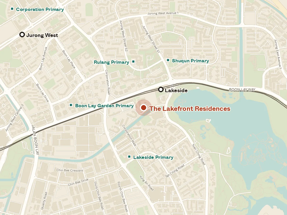 Map of the area around The Lakefront Residences, with nearby MRT stations and primary schools